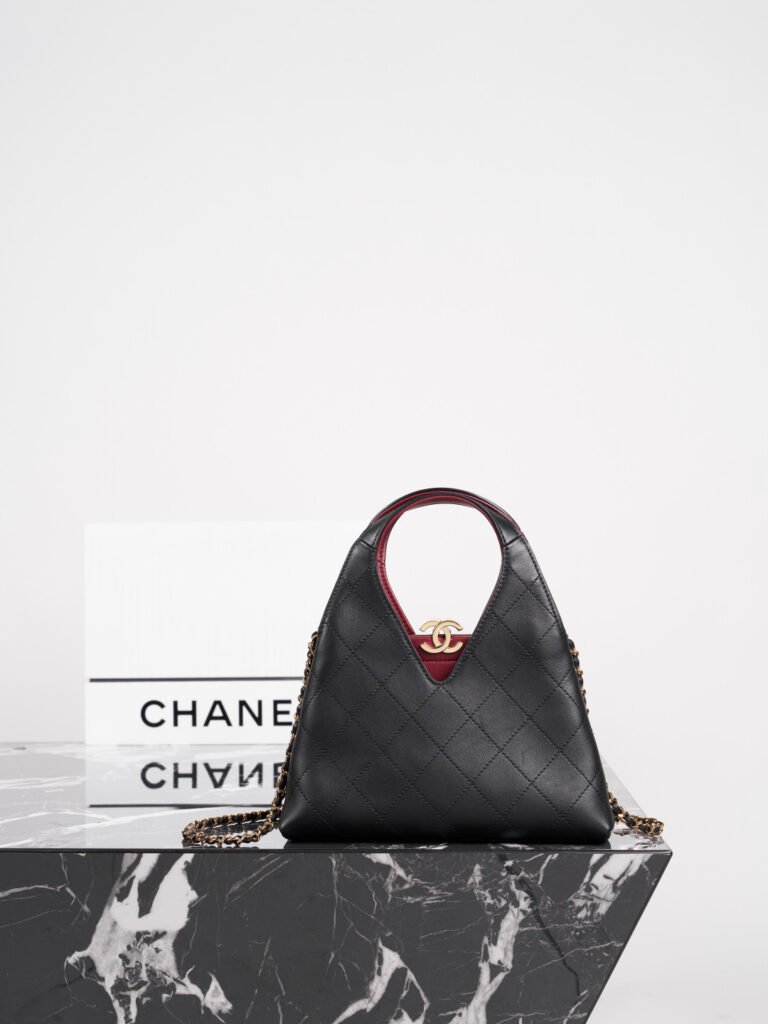 Black Quilted Leather Deep V Cut Tote Bag with Gold Chain (Chanel Style)