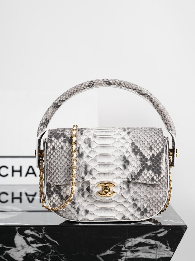 Grey Snakeskin Embossed Leather Top Handle Flap Bag (Chanel Style)