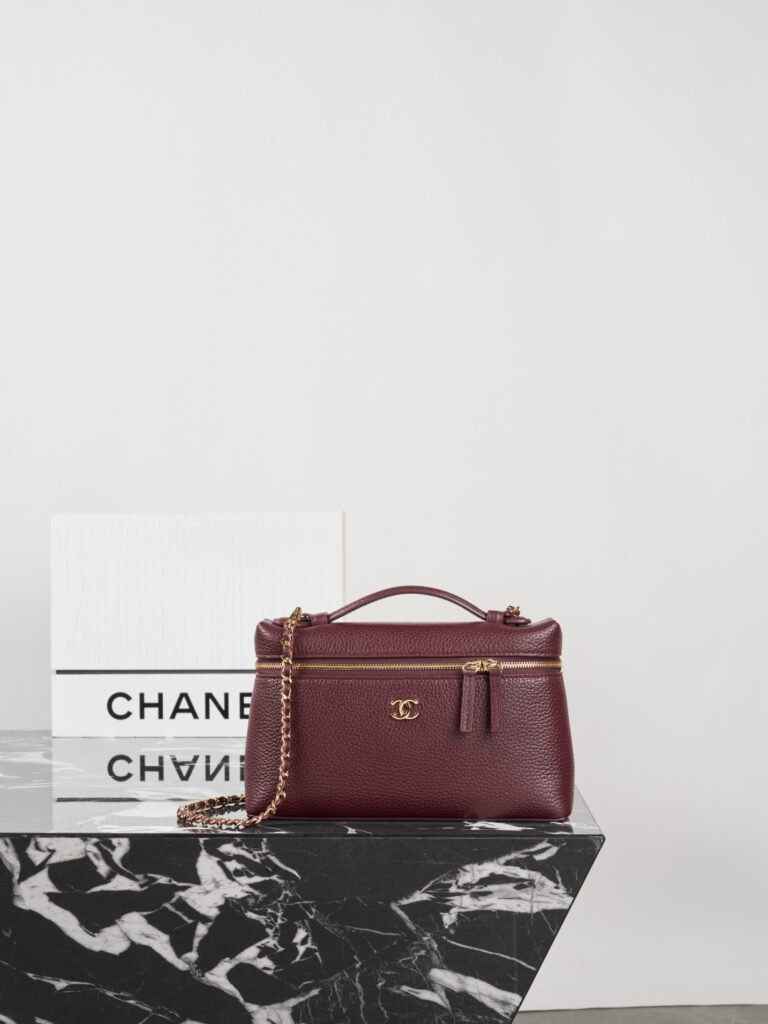 Burgundy Caviar Leather Top Handle Vanity Case Shoulder Bag (Chanel Style)