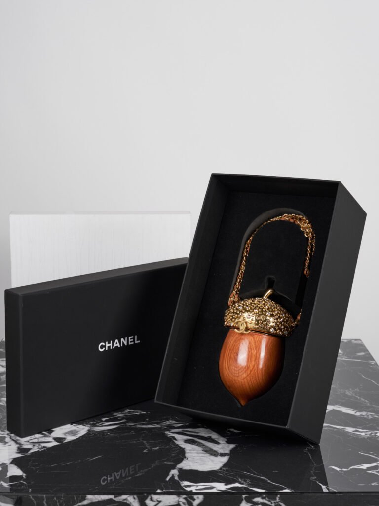 Novelty Acorn Shaped Wooden Evening Minaudière Clutch with Crystals (Chanel Style)