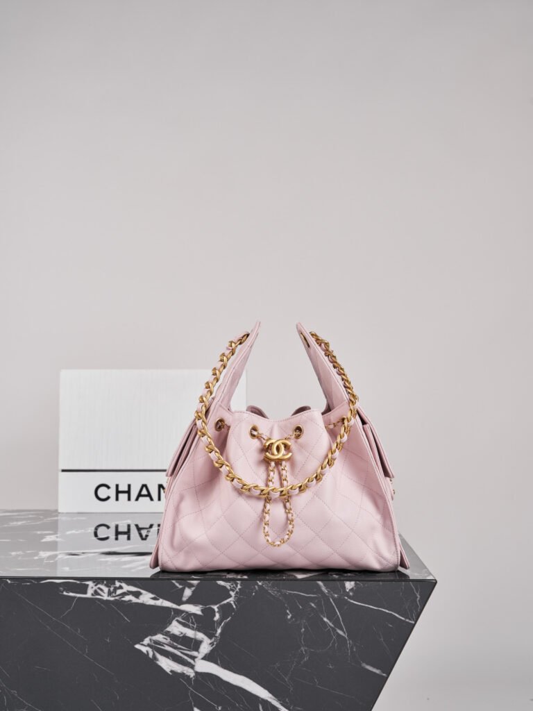 Soft Pink Caviar Leather Drawstring Bucket Shoulder Bag (Chanel Style)