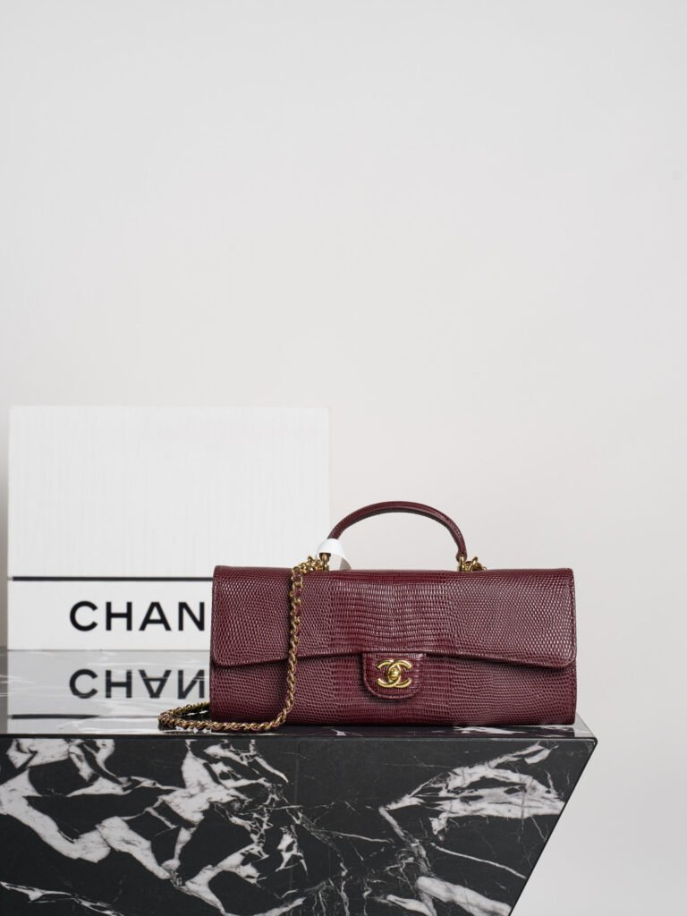 Burgundy Lizard Embossed Leather Long Flap Bag with Top Handle (Chanel Style)