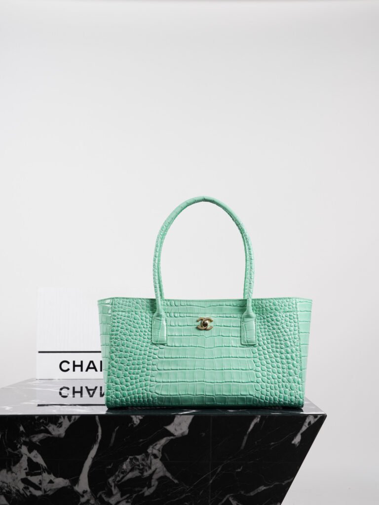 Mint Green Croc-Embossed Leather Shopping Tote Bag (Chanel Style)