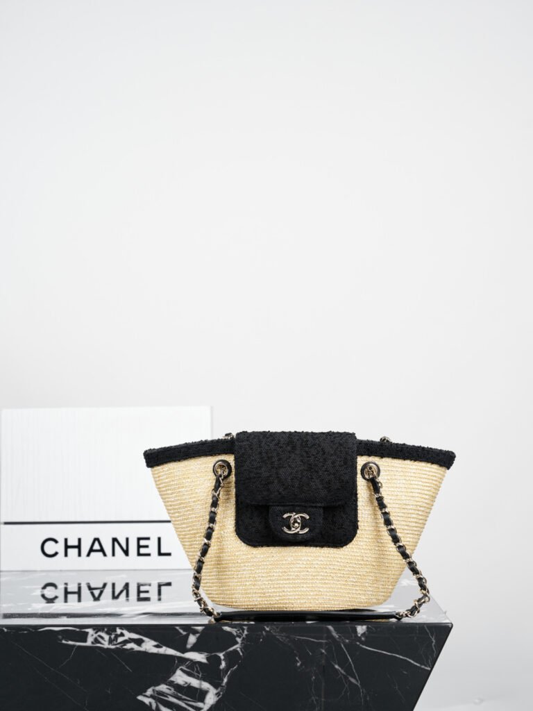 Raffia Straw Basket Tote Bag with Black Tweed Flap (Chanel Style)