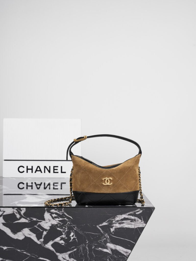 Khaki Suede & Black Leather Quilted Hobo Shoulder Bag (Chanel Style)