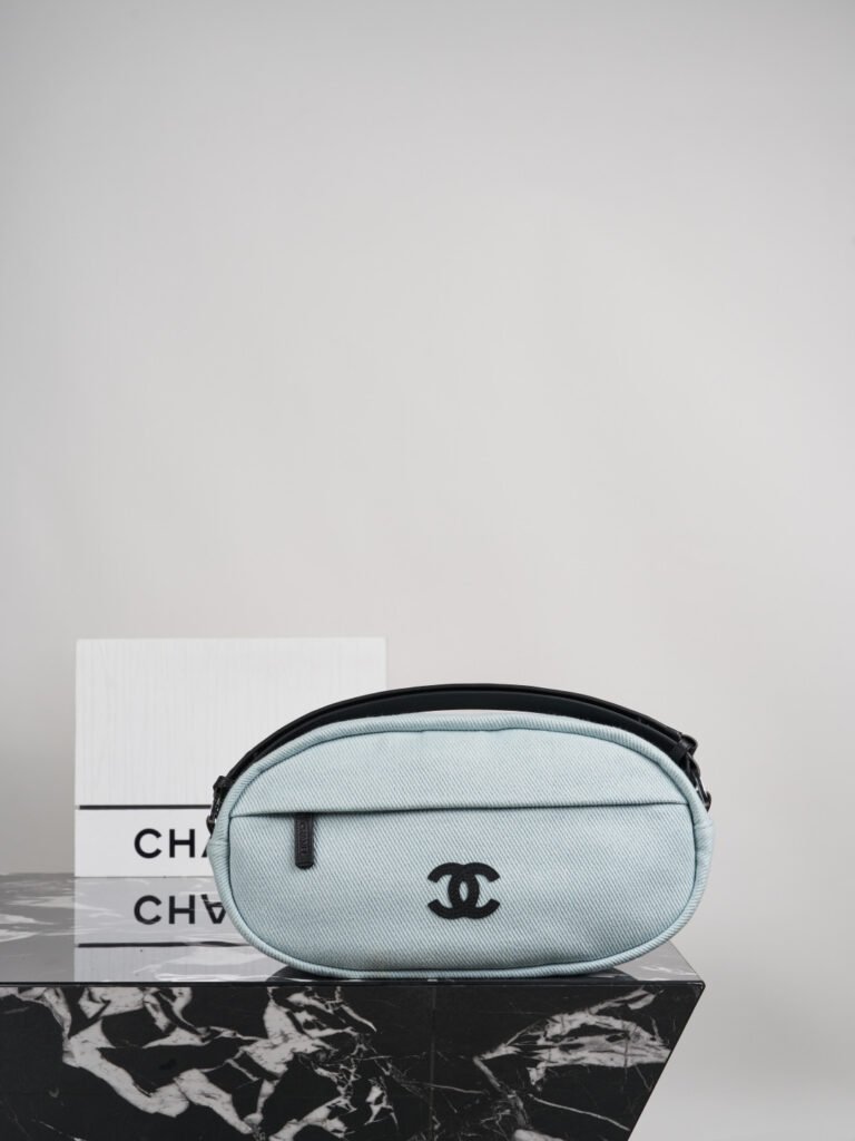Light Blue Denim Oval Belt Bag with Embroidered Logo (Chanel Style)
