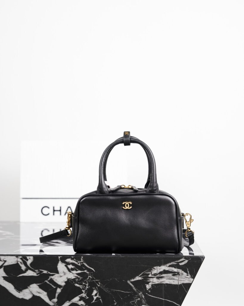 Black Smooth Calfskin Mini Bowling Bag with Top Handles & Crossbody Strap (Chanel Style)