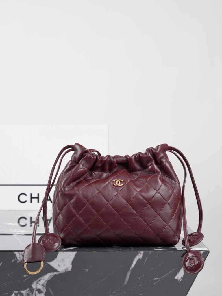Black Quilted Leather Drawstring Bucket Bag with Chain Top Handles (Chanel Style)