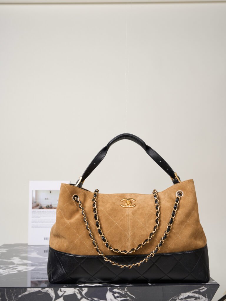 Khaki Suede & Black Leather Two-Tone Shopping Tote Bag (Chanel Style)
