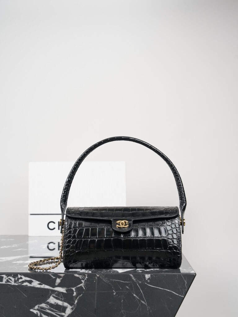Black Crocodile Embossed Leather Shoulder Flap Bag (Chanel Style)