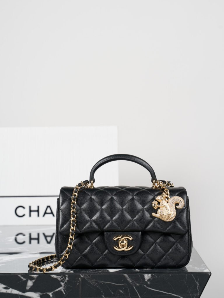 Black Caviar Leather Top Handle Flap Bag with Crystal Squirrel Charm (Chanel Style)