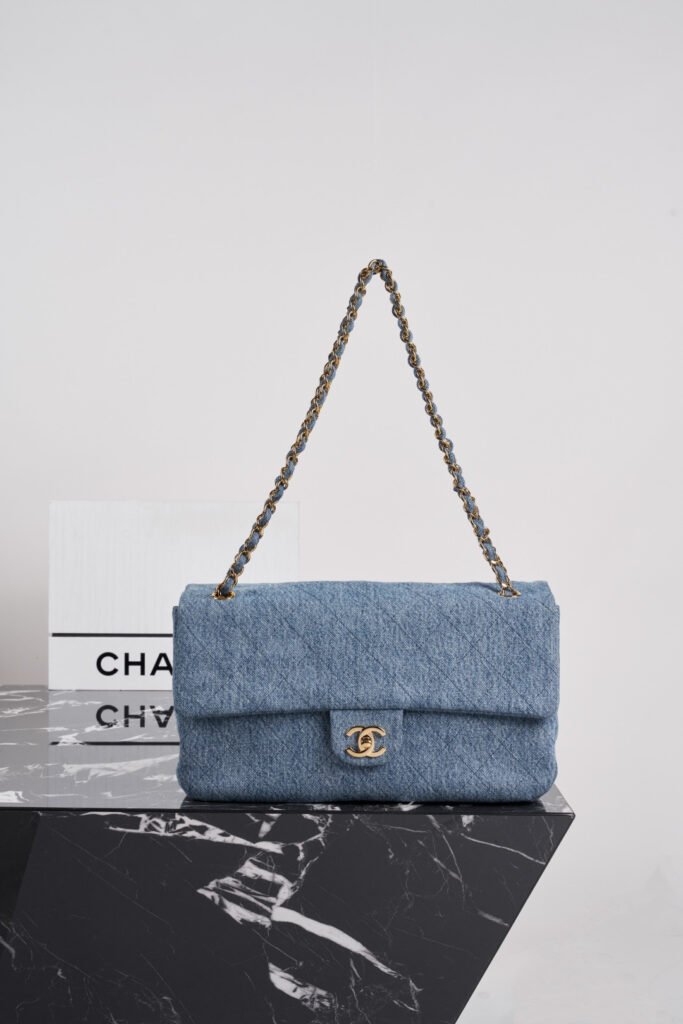 Light Blue Denim Oval Belt Bag with Embroidered Logo (Chanel Style)