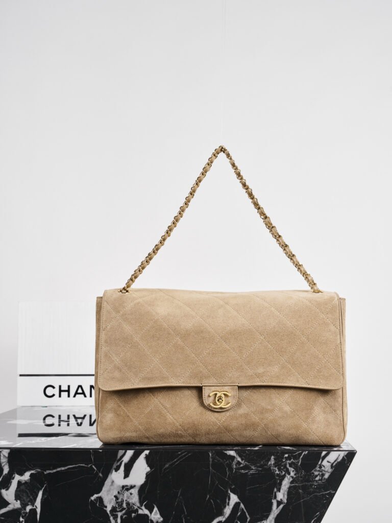 Large Khaki Suede Quilted Flap Shoulder Bag with Woven Chain (Chanel Style)