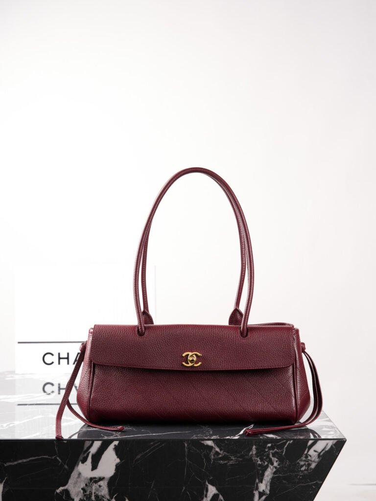 Deep Burgundy Caviar Leather Shoulder Baguette Bag with Double Straps (Chanel Style)