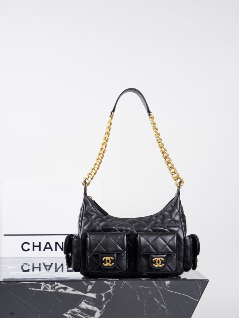 Black Quilted Leather Cargo Hobo Bag with Multi-Pockets & Chunky Gold Chain (Chanel Style)