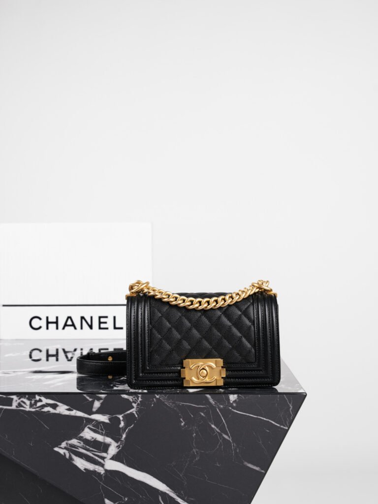 Black Caviar Leather Medium Le Boy Flap Bag with Aged Gold Chain (Chanel Style)