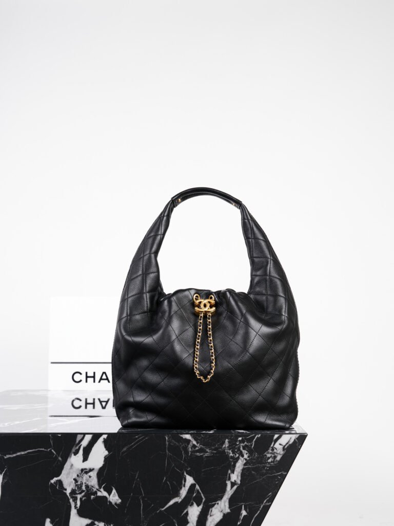 Black Quilted Soft Leather Hobo Shoulder Bag with Gold CC Lock Chain (Chanel Style)