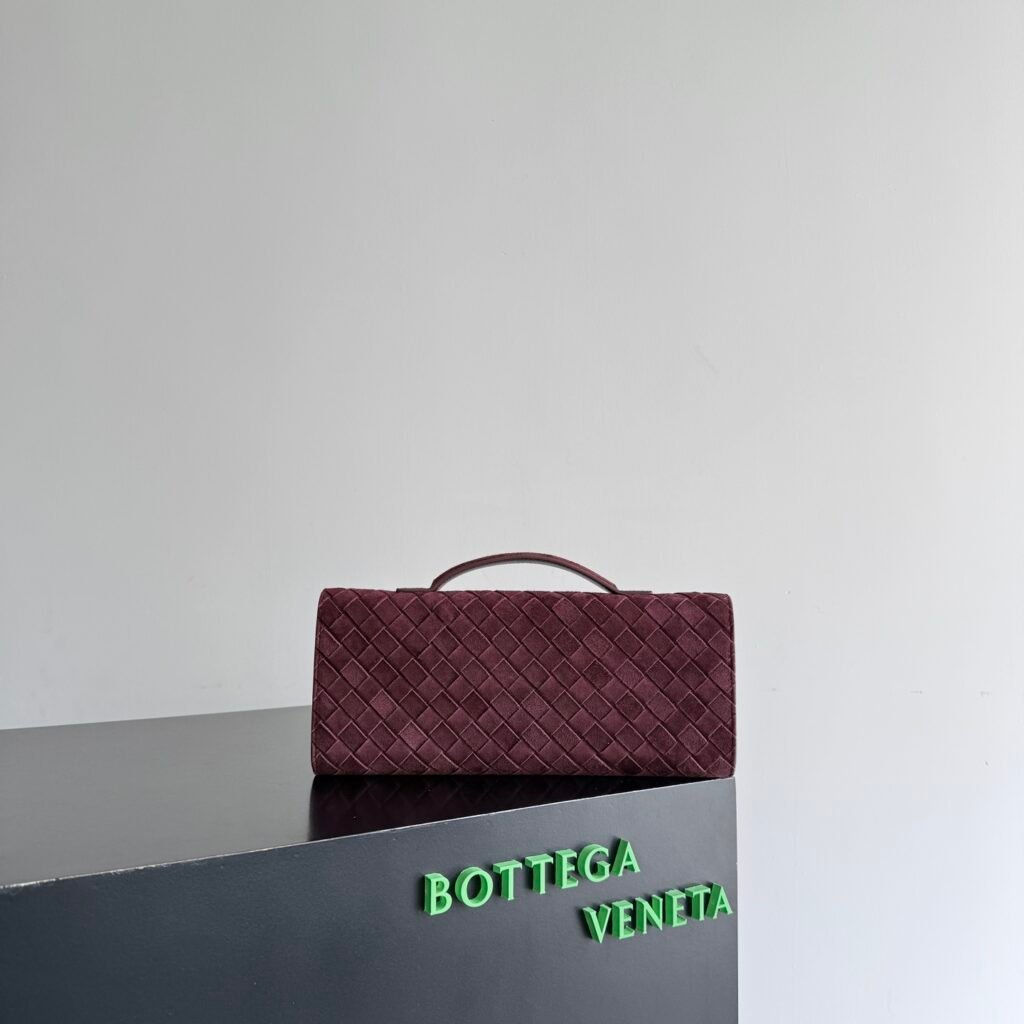 Deep Wine Burgundy Suede Intrecciato Woven Long Clutch Bag with Top Handle