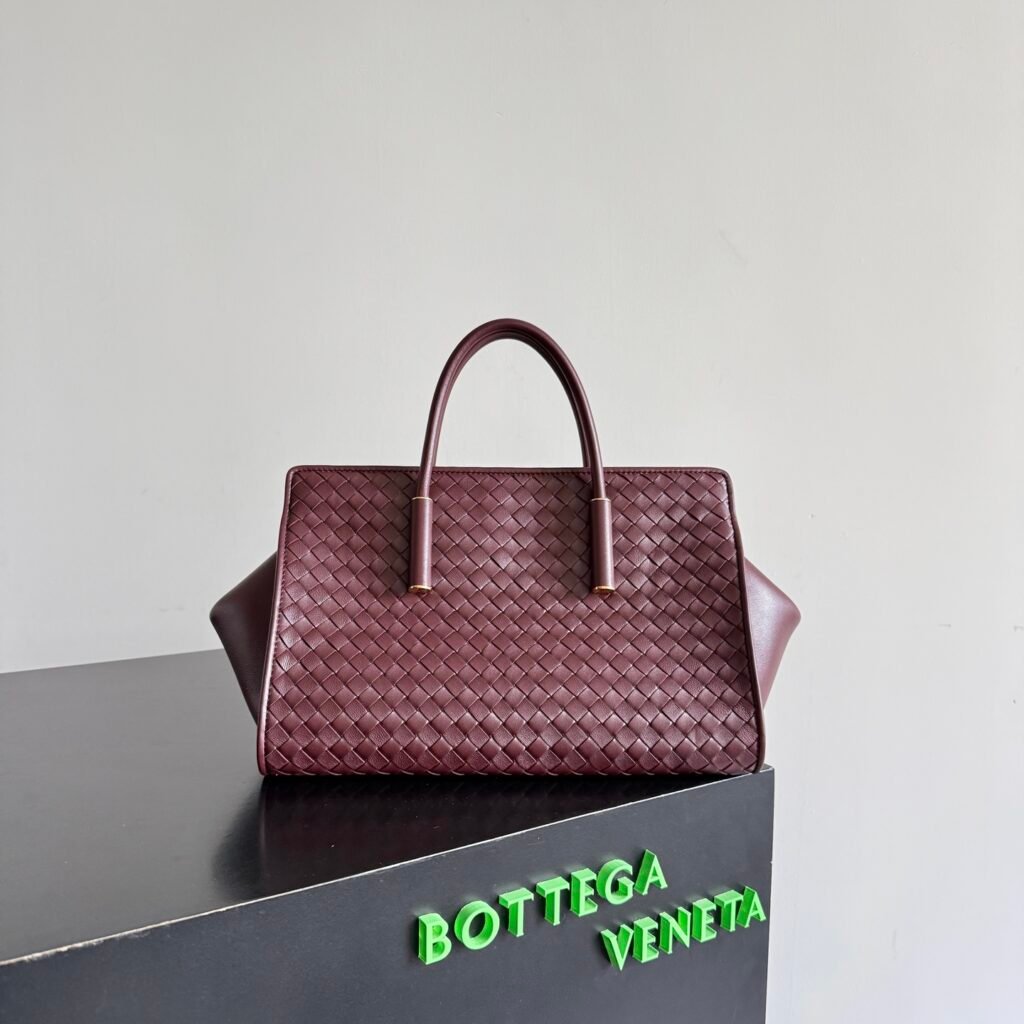 Burgundy Intrecciato Leather Medium Tote Bag with Rolled Handles & Smooth Side Panels