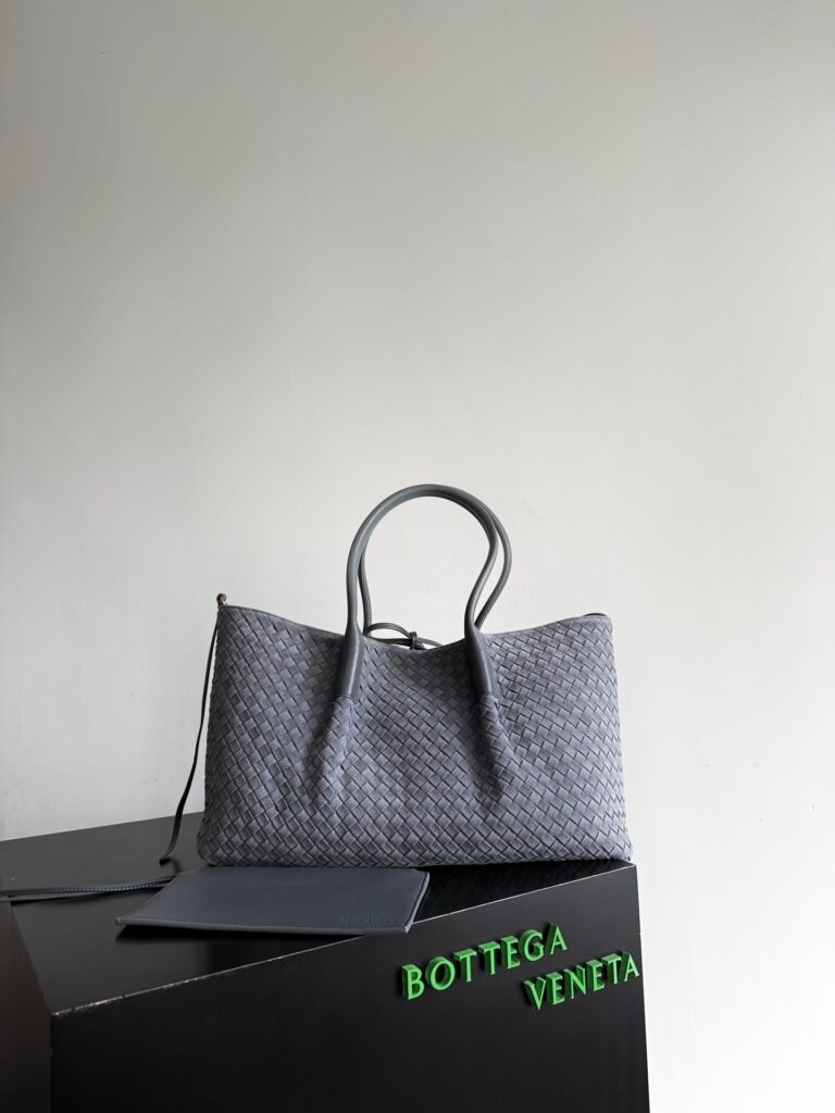 Grey Suede Intrecciato Woven Large Tote Bag with Leather Tubular Handles & Pouch