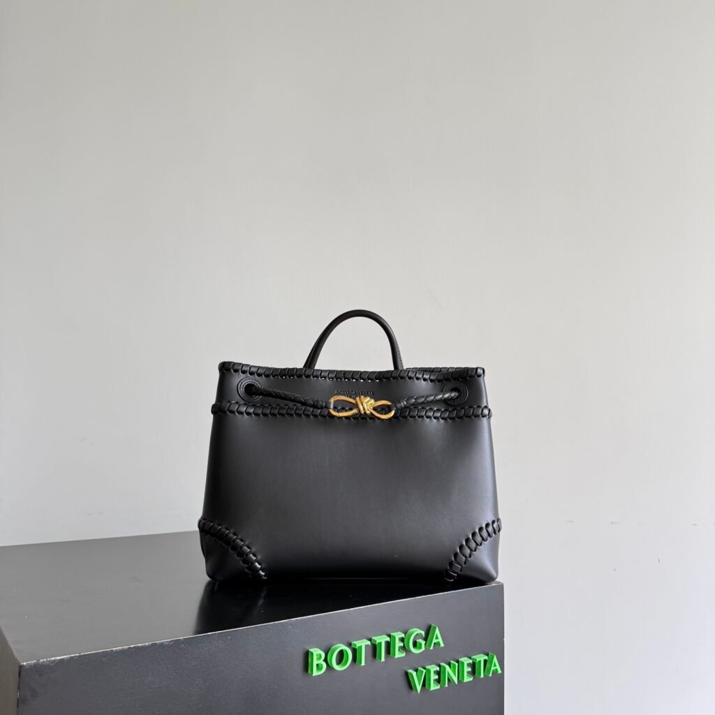 lack Smooth Leather Top Handle Tote Bag with Braided Whipstitch Detail & Gold Knot Buckle
