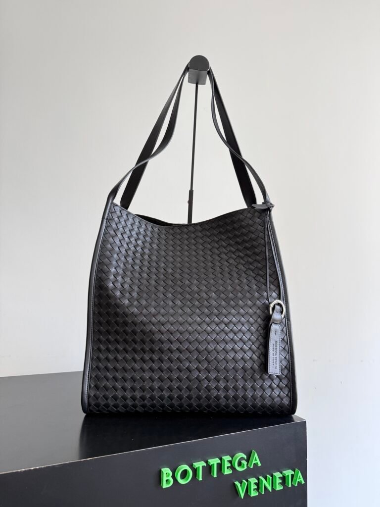 Black Intrecciato Woven Leather Large Vertical Shoulder Tote Bag with Tag Detail