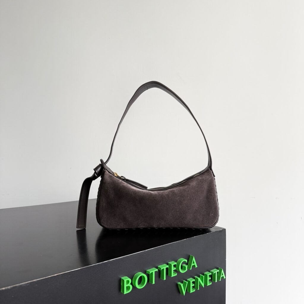 Dark Grey Suede Shoulder Bag with Slim Leather Strap & Side Knot Detail