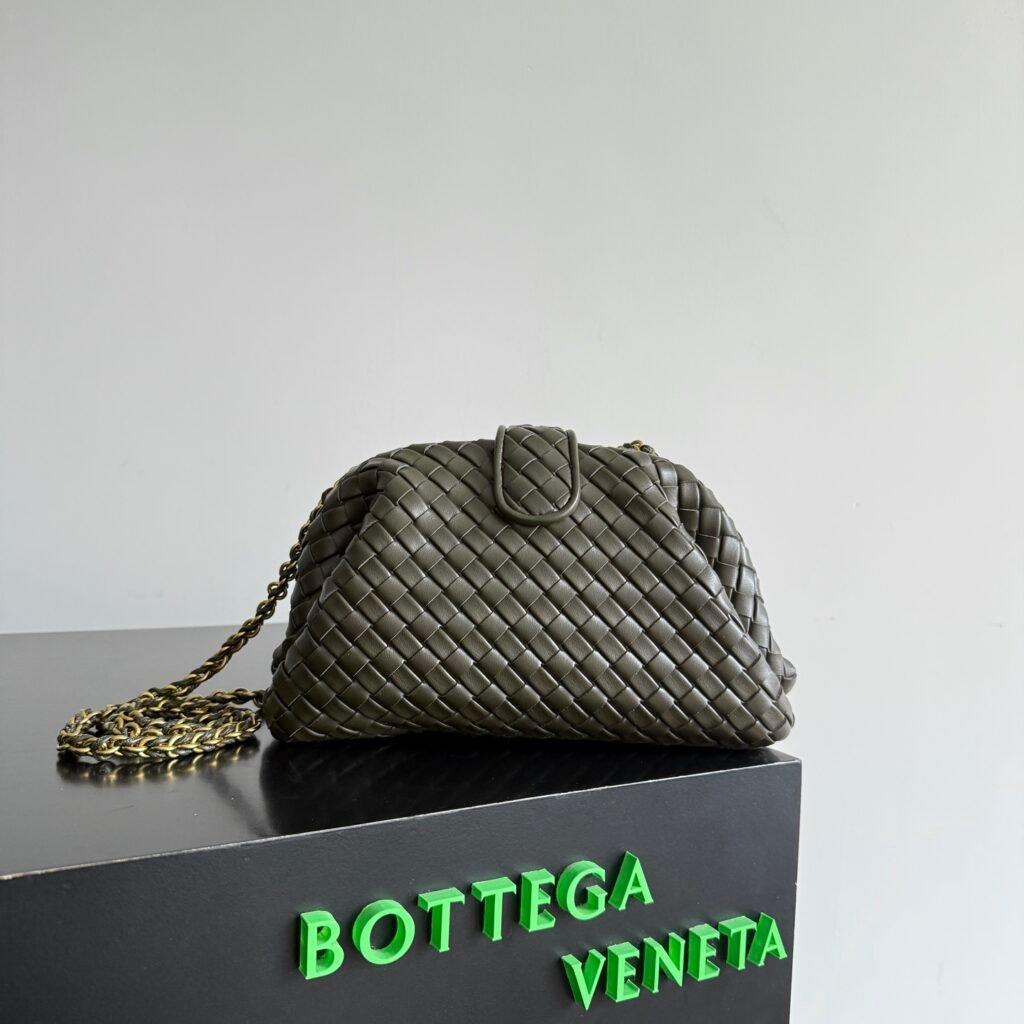 Dark Olive Green Intrecciato Woven Leather Frame Clutch Bag with Chain Strap