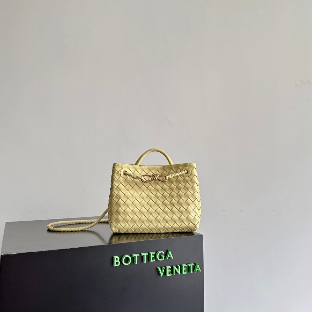Pale Yellow Intrecciato Woven Leather Mini Top Handle Bucket Bag with Gold Knot Buckle