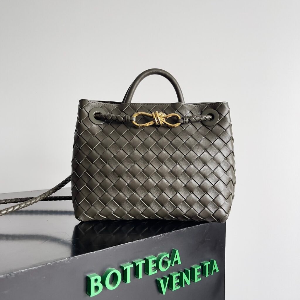 Dark Taupe Intrecciato Leather Top Handle Bucket Bag with Gold Metal Knot Hardware