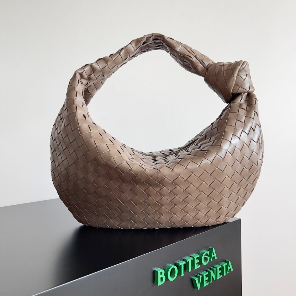 Taupe Intrecciato Woven Leather Large Hobo Bag with Knot Shoulder Strap