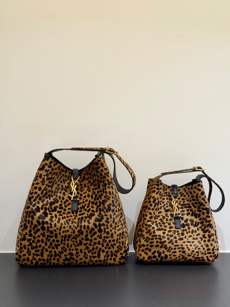 Leopard Print Calf Hair Bucket Hobo Bag with Gold YSL Metal Hook Closure