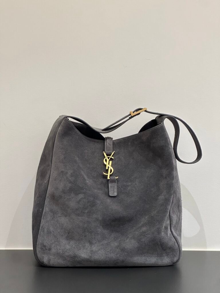 Dark Grey Soft Suede Leather Bucket Hobo Bag with Gold YSL Hook Hardware