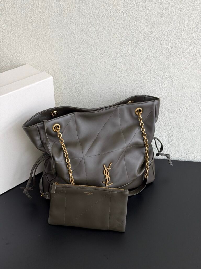 Soft Quilted Leather Large Shopper Tote Bag with Chain Strap & Matching Pouch