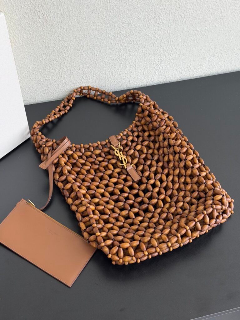 Handcrafted Wooden Bead Woven Shoulder Hobo Bag with Leather Zip Pouch