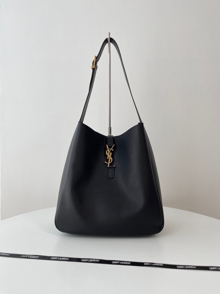 Dark Olive Green Smooth Leather Bucket Hobo Bag with Gold YSL Hook Hardware