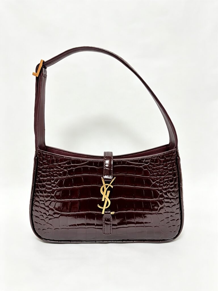 Burgundy Croc-Embossed Patent Leather Shoulder Bag with Gold YSL Hook Closure