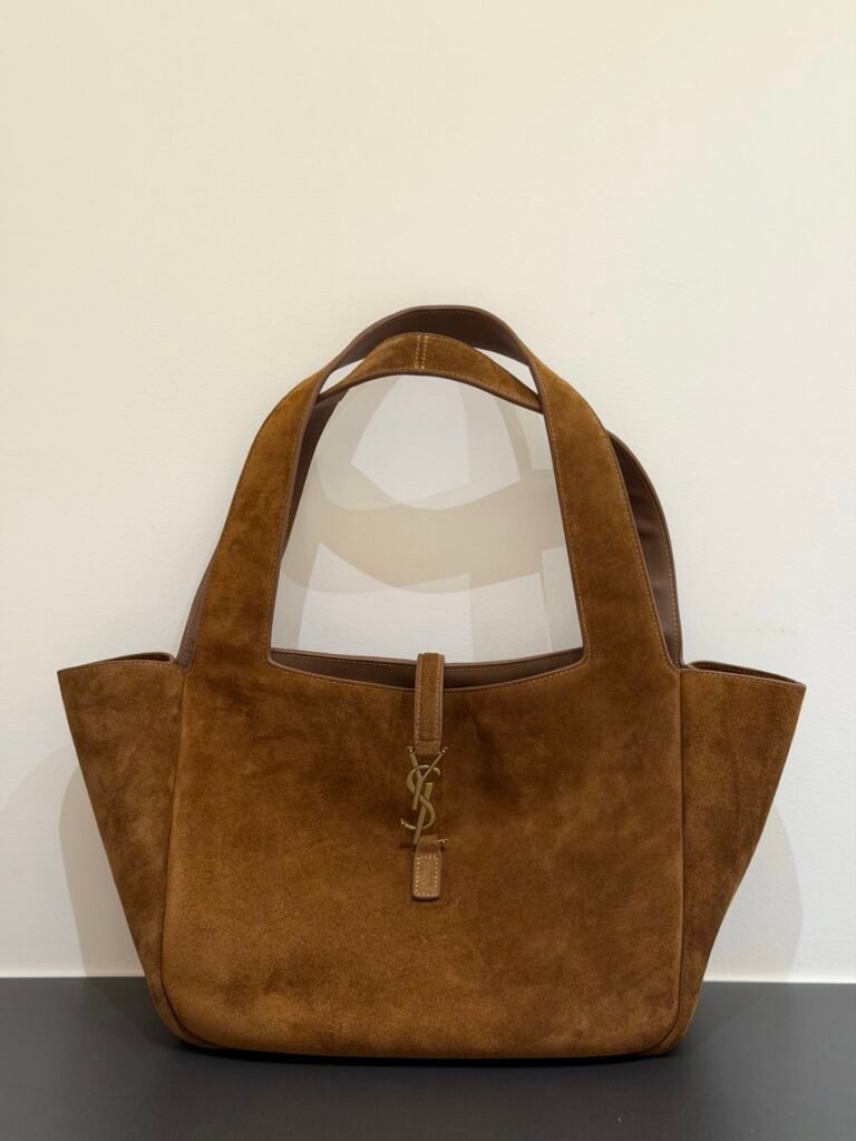 Tobacco Brown Soft Suede Large Shopping Tote with YSL Metal Hook Closure