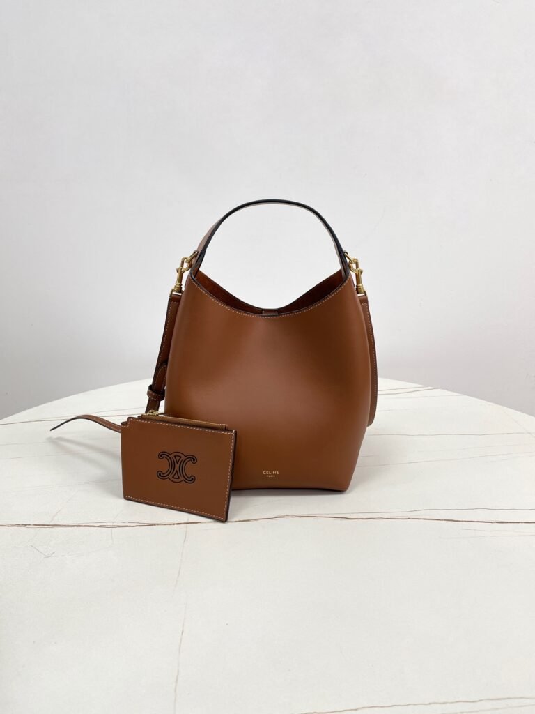 Tan Brown Smooth Calfskin Shoulder Bucket Bag with Zipped Logo Coin Pouch