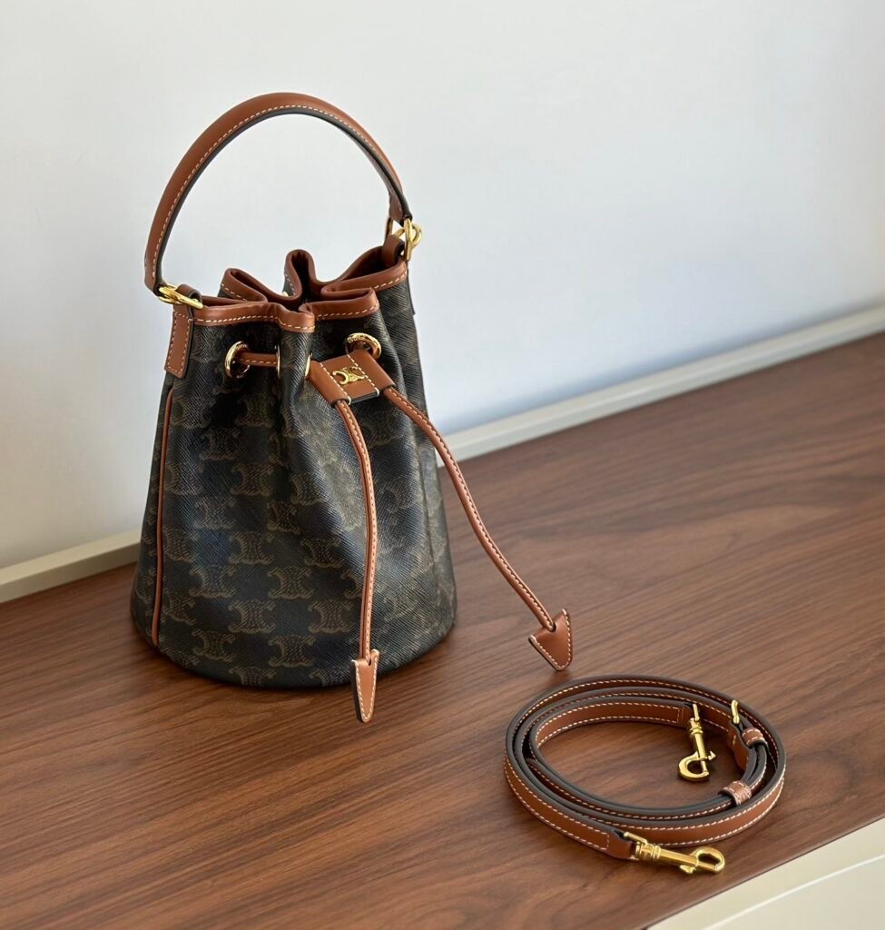Classic Monogram Canvas Small Drawstring Bucket Bag with Leather Trim