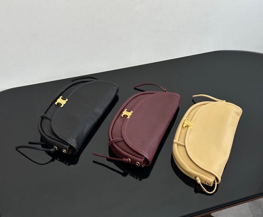 Smooth Leather Curved Half-Moon Shoulder Clutch Bag with Gold Triomphe Buckle