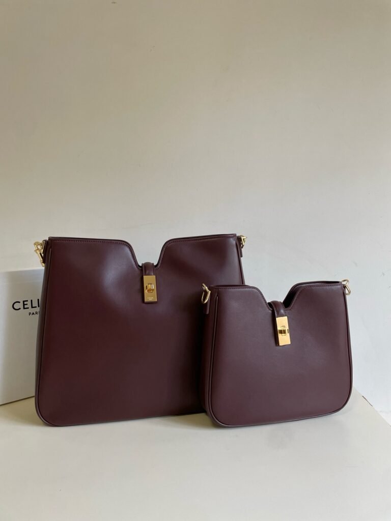 Deep Burgundy Calfskin V-Cut Hobo Shoulder Tote Bag with Gold Lock Clasp