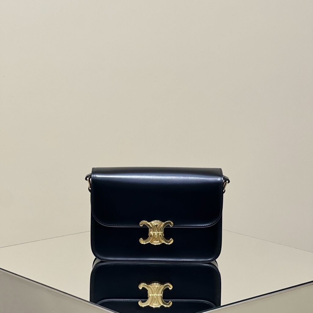 Classic Black Smooth Leather Flap Crossbody Bag with Gold Triomphe Clasp