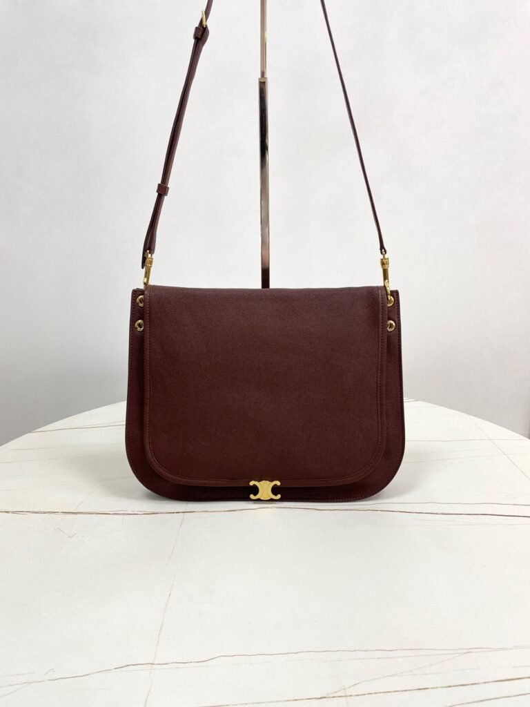 Deep Wine Burgundy Suede Flap Shoulder Bag with Gold Triomphe Logo Buckle