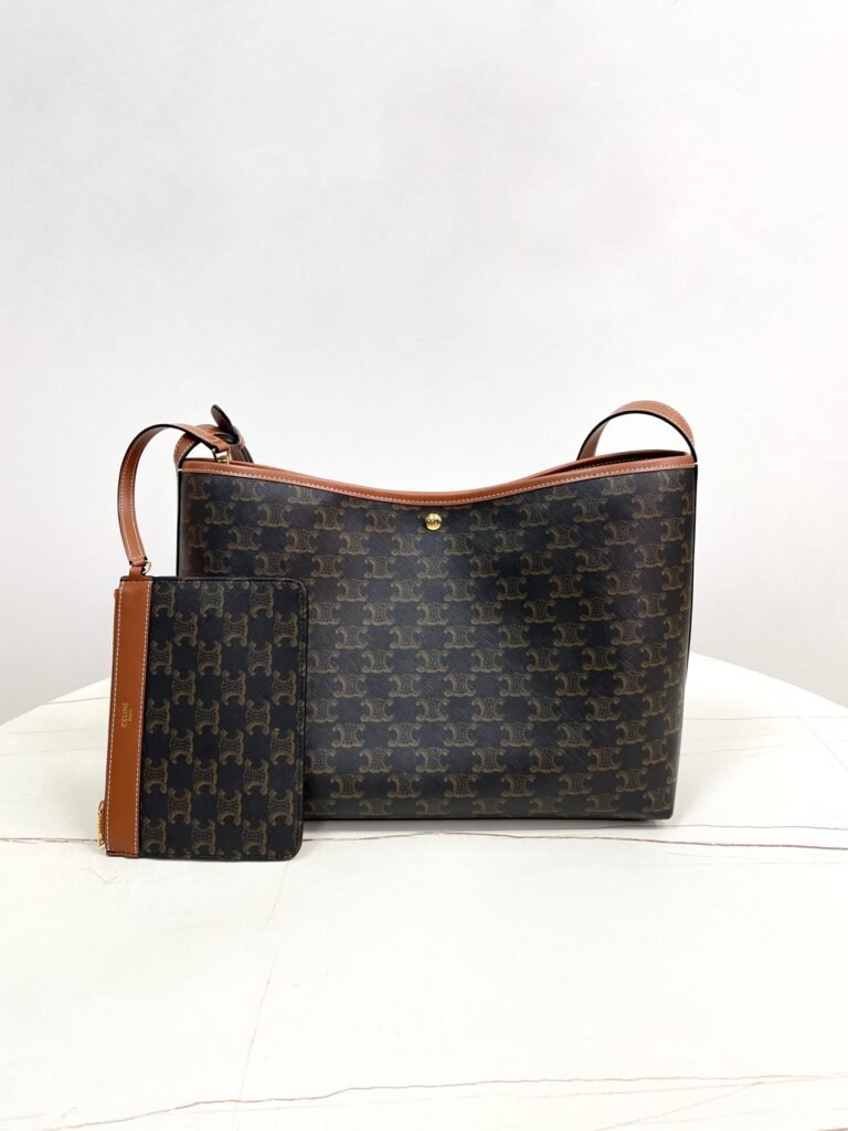 Classic Monogram Canvas Large Shoulder Tote Bag with Zipped Pouch & Tan Trim