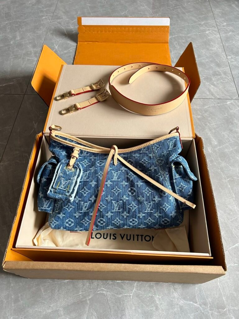 Vintage Monogram Denim Multi-Pocket Cargo Shoulder Bag with Detachable Strap