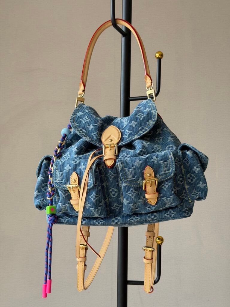 Monogram Denim Vintage Style Drawstring Backpack with Buckle Pockets