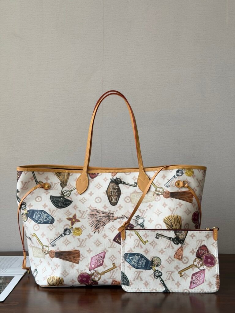 Heritage Key & Tassel Graphic Printed Canvas Large Tote Bag with Pouch
