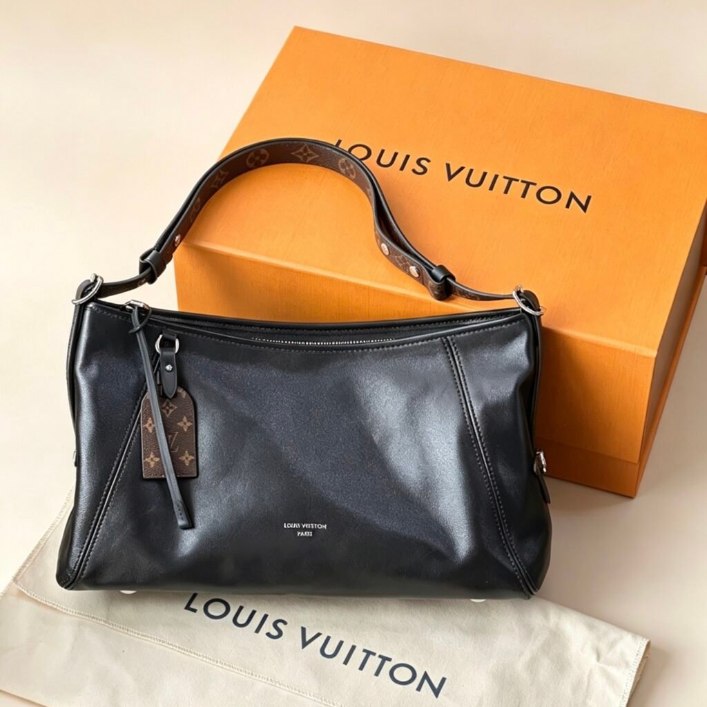 Smooth Black Calfskin Leather Hobo Shoulder Bag with Monogram Pattern Strap