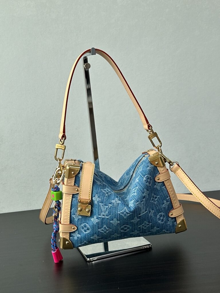 Monogram Denim Trunk Style Shoulder Bag with Gold Metal Corners